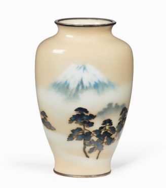 A Showa period rich cream ground musen cloisonne enamel vase with Mount Fuji by Ando