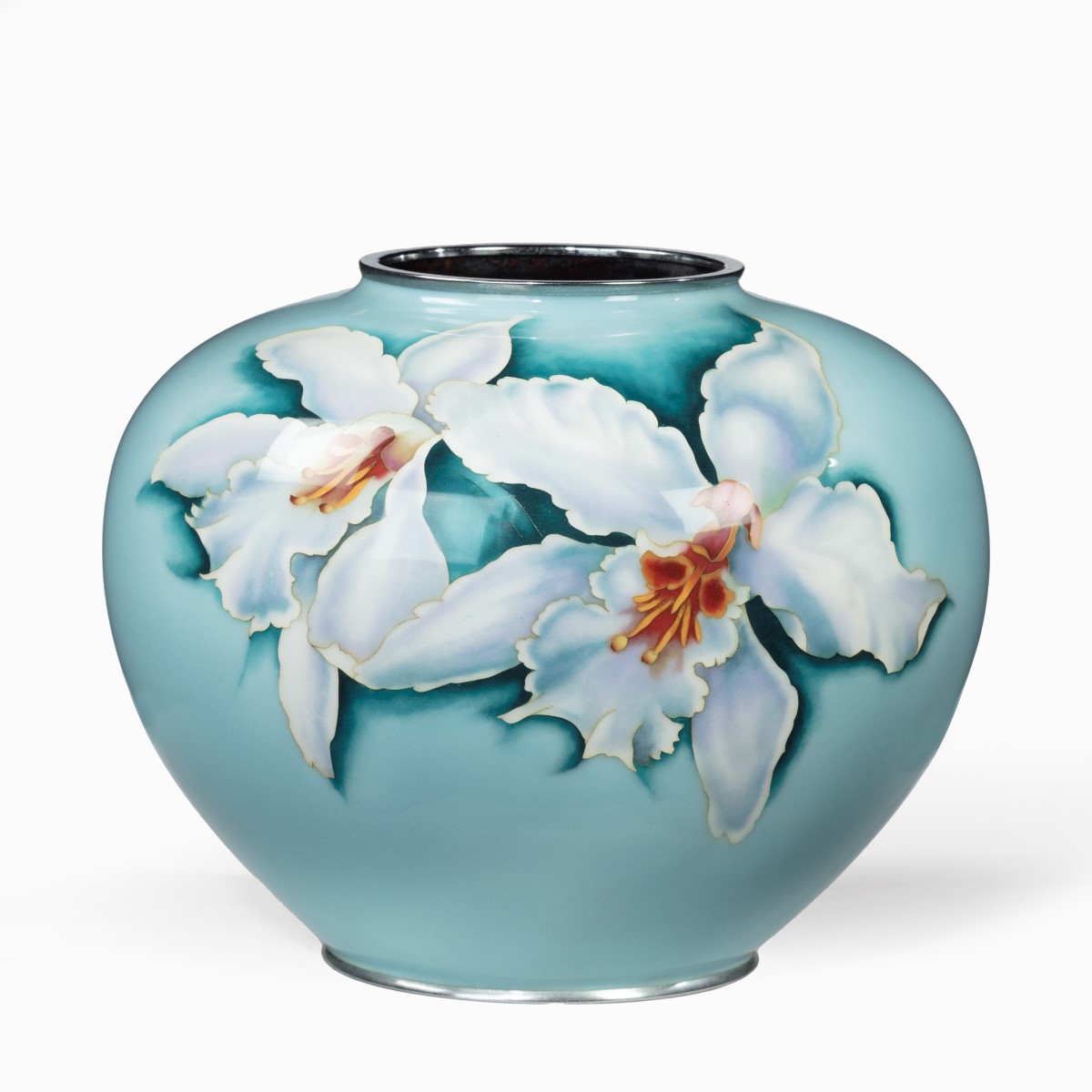 A large bulbous blue Japanese cloisonné vase