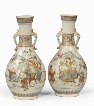 A pair of Meiji period Satsuma earthenware vases,