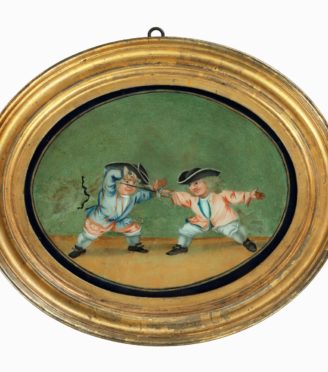 A pair of French reverse glass paintings or cartoons