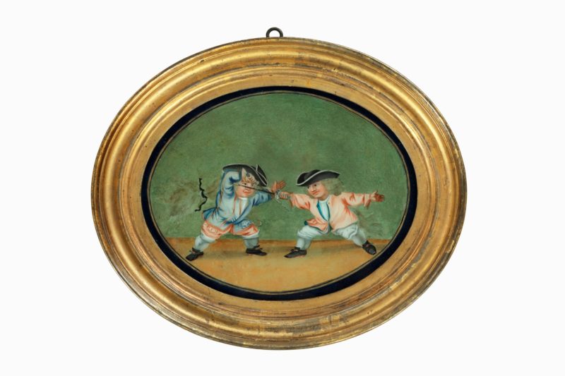 A pair of French reverse glass paintings or cartoons