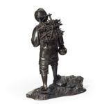 A Meiji period bronze of a boy carrying twigs back