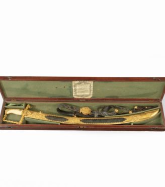 A £50 Lloyds Patriotic Fund Sword awarded to Lieutenant Charles Adams of HMS Renommee For His Part in the Capture of the Spanish Schooner Giganta - Cased