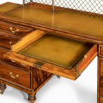 An olivewood pedestal desk attributed to Wright and Mansfield open details