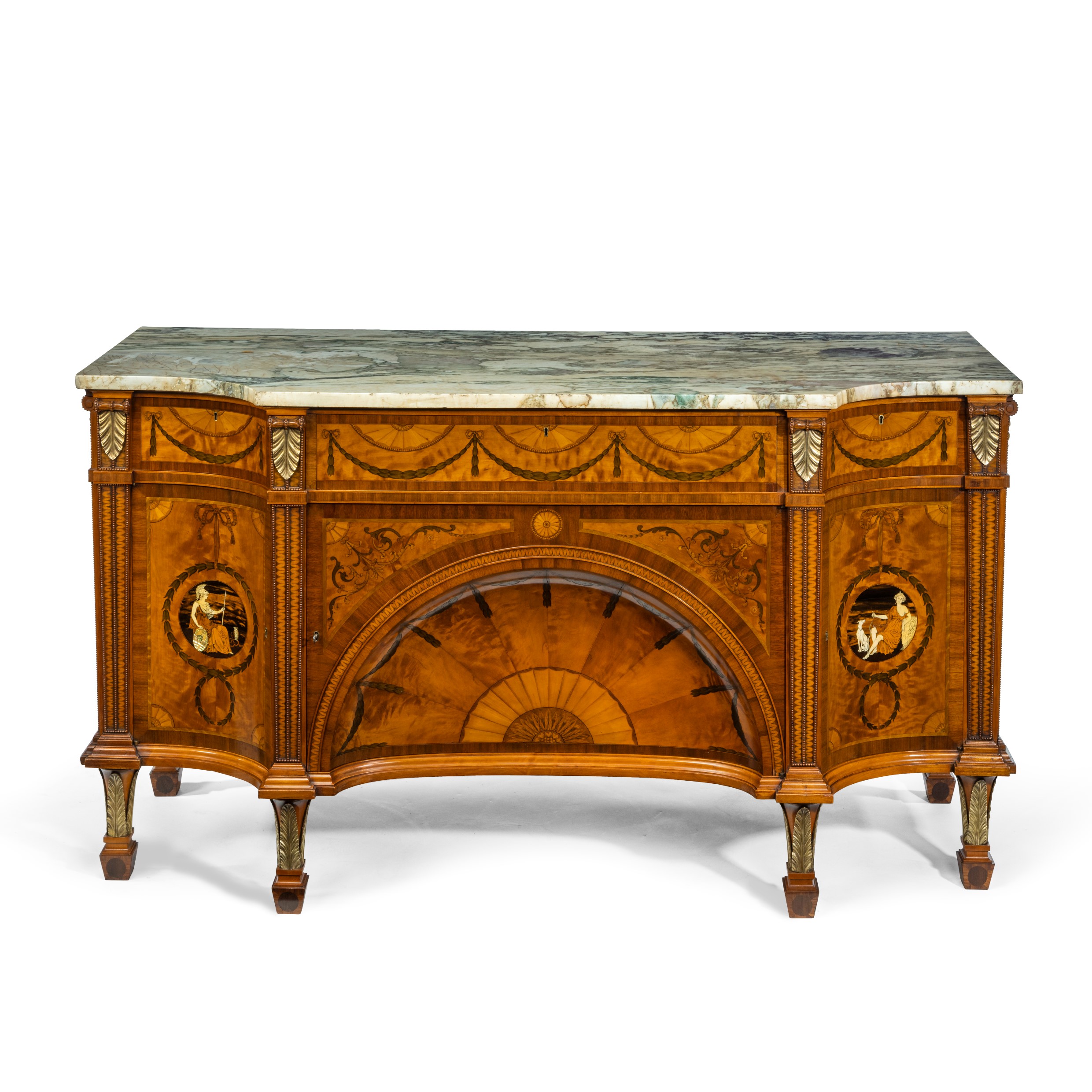 A satinwood Sheraton Revival breakfront marquetry commode