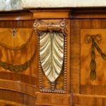 Satinwood Sheraton Revival breakfront marquetry commode close up details