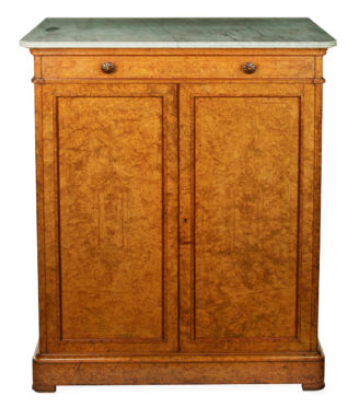 of tall rectangular form with the original grey marble top, a frieze drawer above two cupboard doors opening to