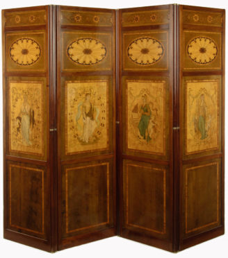 A very fine late Victorian four fold mahogany draught screen, attributed to Hicks of Dublin