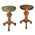 A pair of small walnut tables with Boulle-work tops by Pillinini,