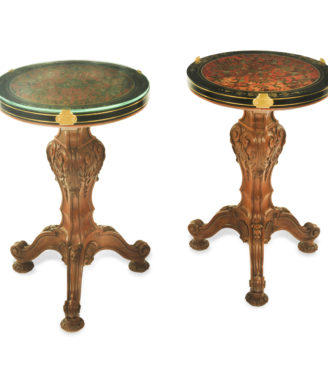 A pair of small walnut tables with Boulle-work tops by Pillinini,