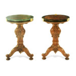 A pair of small walnut tables with Boulle-work tops by Pillinini