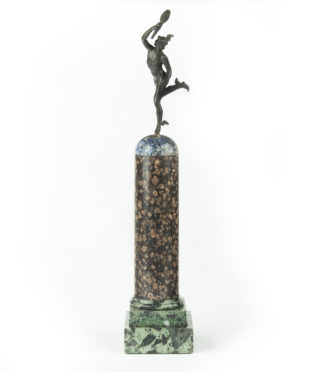 A Grand Tour Regency bronze figure of Mercury (Hermes) on a composite marble column