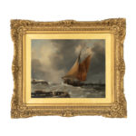 A rediscovered small oil painting of a fishing boat leaving Calais Harbour by E W Cooke