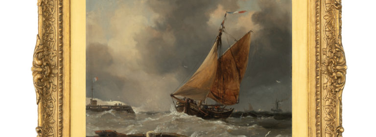 A rediscovered small oil painting of a fishing boat leaving Calais Harbour by E W Cooke