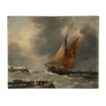 A rediscovered small oil painting of a fishing boat leaving Calais Harbour by E W Cooke detail