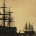 A fine reverse glass silhouette of H.M.S.s Marlborough, Foudroyant and Lee details