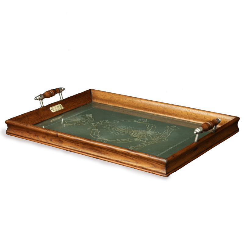 An oak tray from H.M.S. Cambridge,