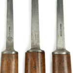Three mortice chisels, all with sturdy ash handles by Sorby & Co details