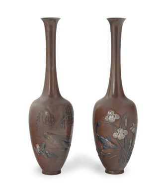A pair of fine Meiji period bronze vases by Hidenobu