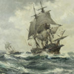 ‘The Ark and the Dove off the Scillies with Lord Baltimore aboard’ by Montague Dawson details