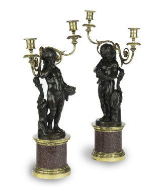 A pair of Egyptian porphyry and bronze candelabra after Charles-Antoine Bridan Main Image