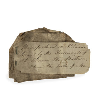 A relic from the family of Bounty Mutineer John Adams: An exceptionally rare documented piece of Bark Cloth from the Pitcairn Islands, with a fragment of paper pinned to it stating ‘Manufactured at Pitcairn’s Island, by the descendants of John Adams the Mutineer, from the bark of a tree.’