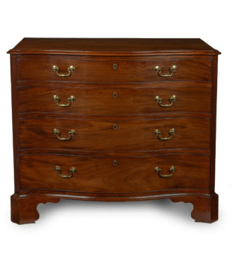 A mahogany four-drawer serpentine chest of drawers, with four graduated drawers, fluted cut corners, orgi braket feet. English, circa 1790.