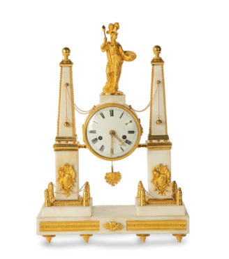 A late Louis XVI marble and ormolu portico clock,