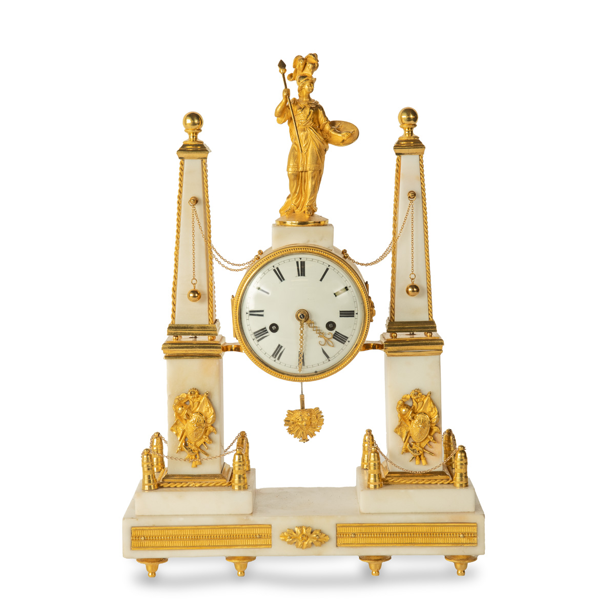A late Louis XVI marble and ormolu portico clock,