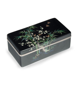 A Meiji period cloisonné box and cover with sparrows, prunus and bamboo,