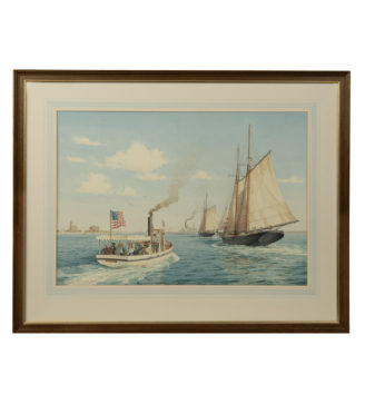 The Picnic, Island Belle, & the schooner Harry L Belden, Nantucket Harbour, U.S.A. (circa 1890) by K. A. Griffin