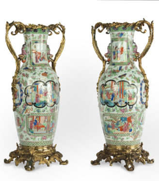 A fine pair of unusual ormolu mounted Chinese porcelain vases