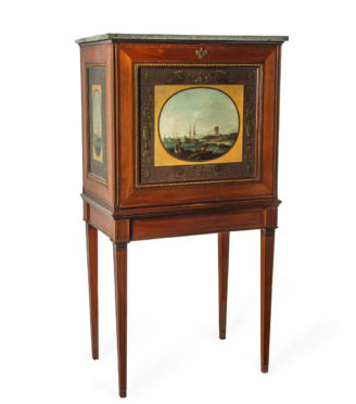 A unique late Georgian satinwood collector's cabinet painted with maritime scenes