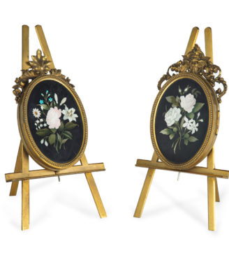 Two very similar pietra dura and ormolu photograph frames on easels main