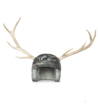 A large metal helmet with applied stag antlers by Martin Scorey