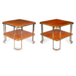 A pair of stylish Art Deco burr amboyna and bronze occasional tables corners