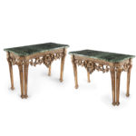 Victorian marble and giltwood console tables in the manner of William Kent and Benjamin Goodison pair